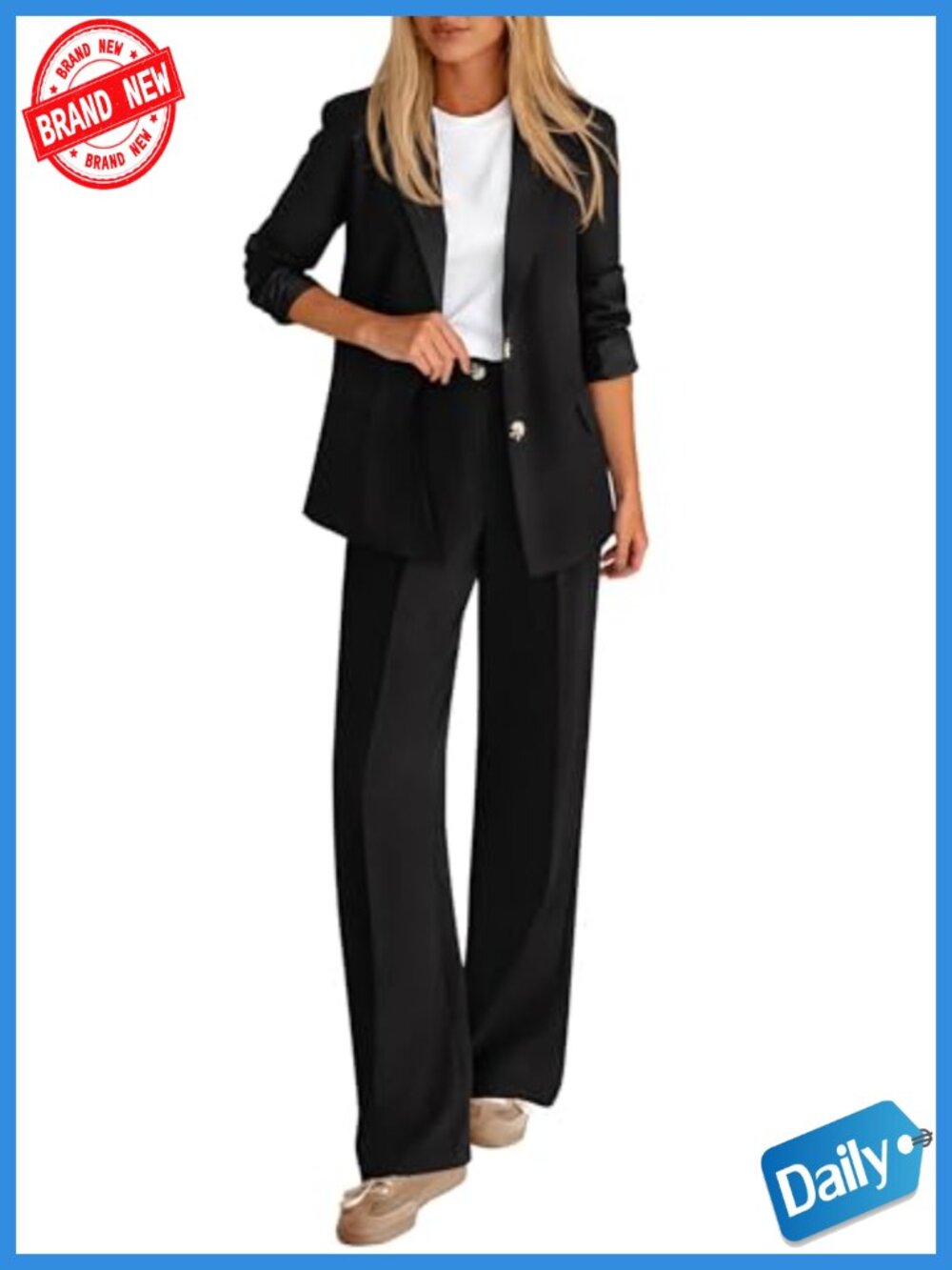 Business Casual 2 Piece Suit Set Oversized Blazer Wide Leg Pants Pantsuit Women